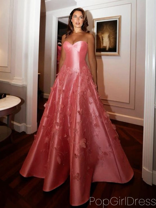 Elegant Sweetheart Sleeveless A-line Satin Pink Long Prom Dresses For Party, PG575