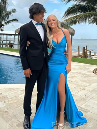 Sexy V-neck Sleeveless Mermaid Satin Long Prom Dresses For Party, PG1024