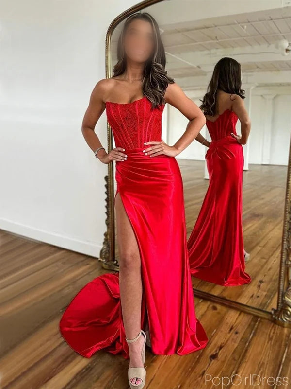 Sexy Sweetheart Mermaid Sleeveless Satin Red Long Prom Dresses With Front Slit For Party, PG225