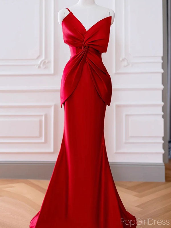 Elegant V-neck One-shoulder Sleeveless Red Mermaid Long Prom Dresses, PG11