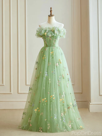 Elegant Off-shoulder A-line Green Prom Dresses For Wedding Party, PG39