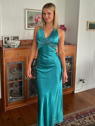Sexy V-neck Sleeveless Mermaid Satin Long Prom Dresses For Party, PG707