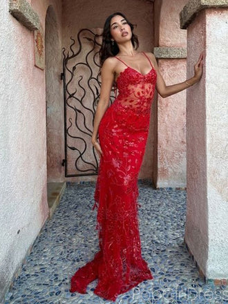 Elegant Spaghetti Strap Sleeveless Mermaid Lace Long Prom Dresses For Party, PG587