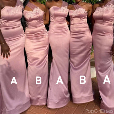 Sexy mismatched One-shoulder Sleeveless Mermaid Pink Long Bridesmaid Dresses For Wedding Party, PGB12