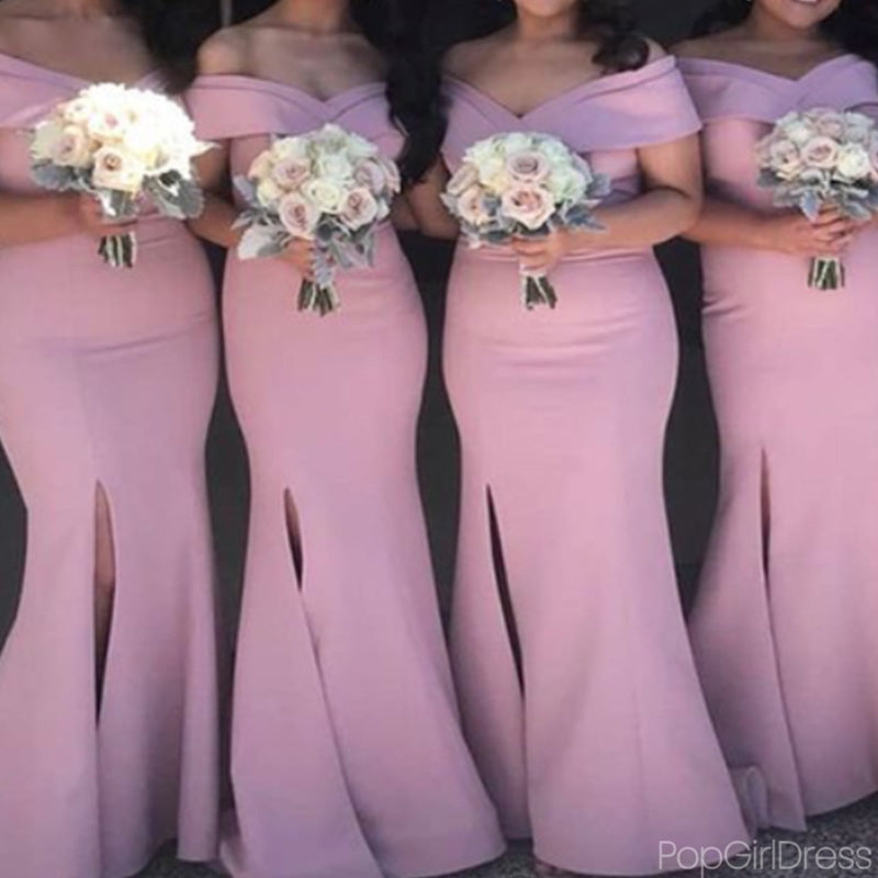 Formal Off-shoulder Sleeveless Mermaid Long Pink Bridesmaid Dresses With Front Split For Wedding Party, PGB09