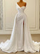 Sexy One-shoulder Sleeveless Mermaid White Wedding Dresses With Front Split, PGW06