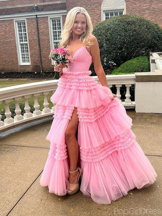 Elegant V-neck Spaghetti Strap Sleeveless A-line With Side Split Long Prom Dresses, PG61