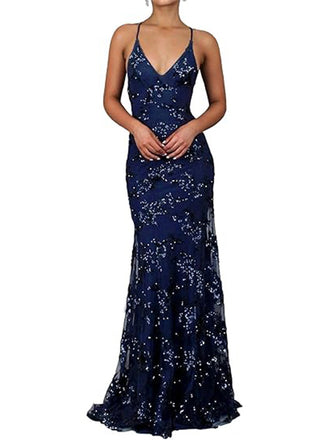 Floral Spaghetti Strap V-neck Sleeveless Mermaid Tulle Long Prom Dresses For Party, PG415