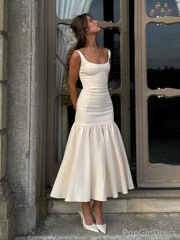 Formal White Scoop Sleeveless Mermaid Satin Long Prom Dresses For Party, PG381