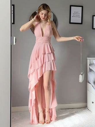 Sexy V-neck Sleeveless Mermaid Satin Long Prom Dresses For Party, PG858