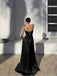 Formal Spaghetti Strap Sleeveless A-line Black Satin Long Prom Dresses For Party, PG388