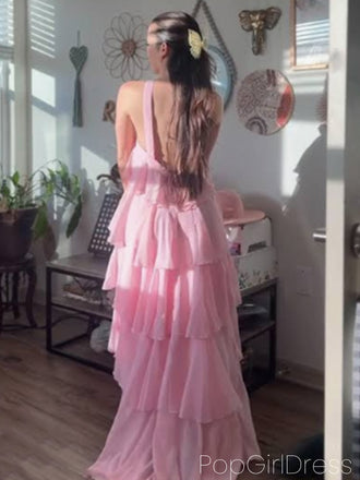 Cute Halter Strap Sleeveless A-line Chiffon Long Prom Dresses For Party, PG970