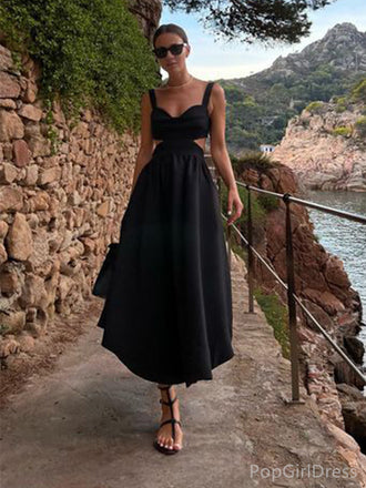 Simple Spaghetti Strap Sleeveless A-line Satin Long Prom Dresses For Party, PG437