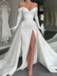 Elegant V-neck Off-Shoulder Full Sleeve Mermaid White Long Prom Dresses With Front Split, PG15