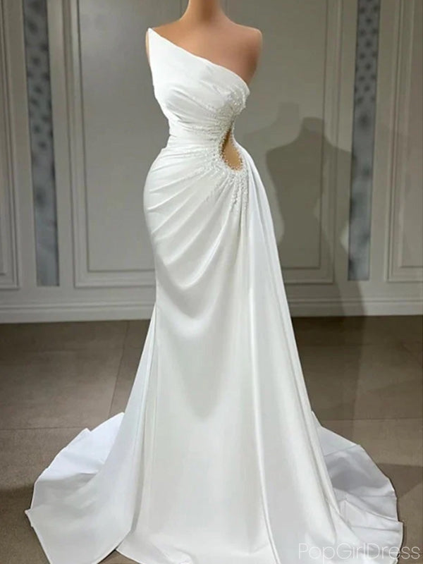 Sexy One-shoulder Sleeveless Mermaid White Wedding Dresses With Trailing, PGW05