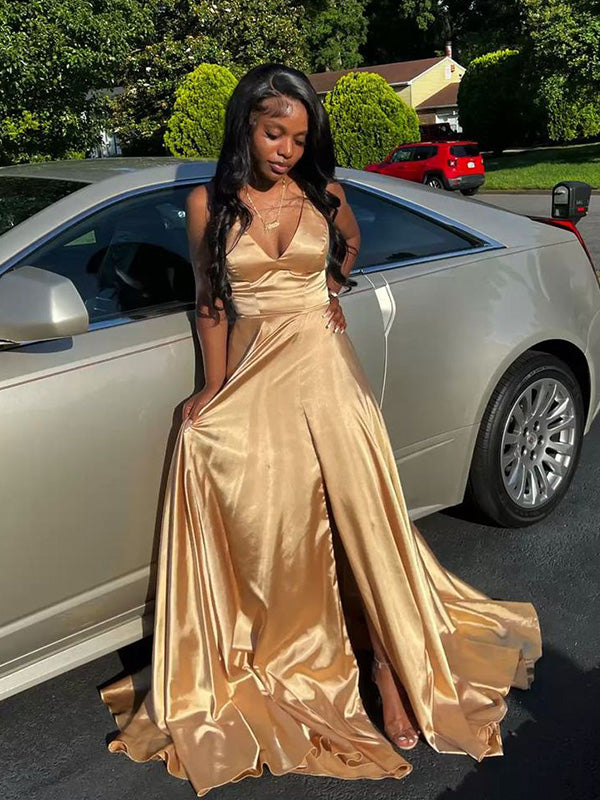 Sexy Spaghetti Strap Sleeveless A-line Satin Long Prom Dresses For Party, PG484