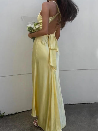 Sexy V-neck Sleeveless Mermaid Satin Long Prom Dresses For Party, PG859