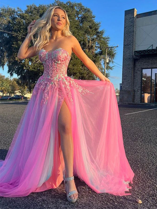 Elegant Sweetheart Sleeveless A-line Tulle Long Prom Dresses For Party, PG572
