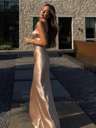 Sexy Spaghetti Strap Sleeveless Mermaid Satin Long Prom Dresses For Party, PG875
