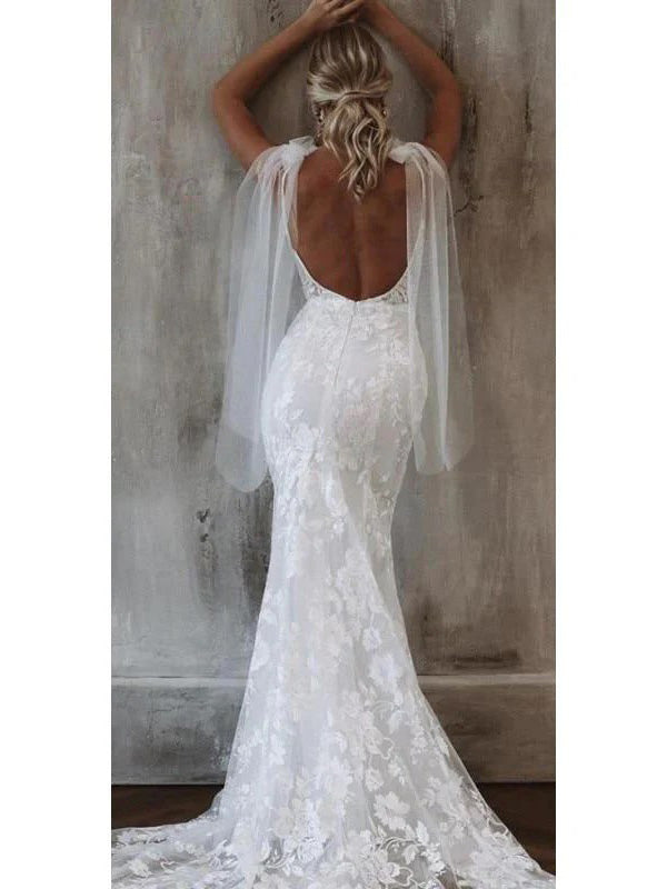 Sexy V-neck Sleeveless Mermaid White Long Lace Wedding Dresses With Trailing, PGW18