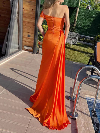 Soft One shoulder Sleeveless Mermaid Satin Long Prom Dresses For Party, PG632