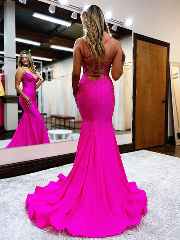 Sexy Spaghetti Strap V-neck Sleeveless Mermaid Long Prom Dresses With Trailing For Party, PG190