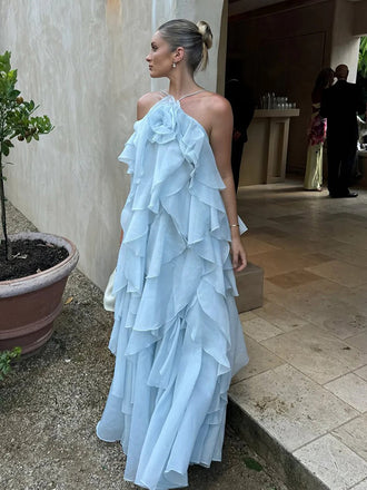 Soft Halter Sleeveless A-line Chiffon Long Prom Dresses For Party, PG1005