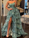 Elegant Sweetheart Sleeveless A-line Tulle Ruffles Long Prom Dresses With Slit For Party, PG434