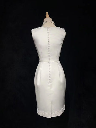 Simple V-neck Sleeveless mermaid Satin White Homecoming Dresses For Party, PGH302