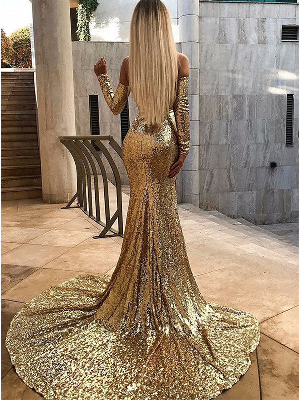 Sexy Sweetheart Full Sleeve Mermaid Sequin Long Prom Dresses For Party, PG596