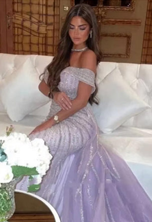 Elegant Off-shoulder Sleeveless Mermaid Tulle Long Prom Dresses For Party, PG624