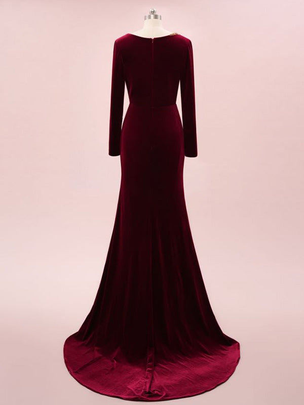 Elegant V-neck Full Sleeve Mermaid Velvet Long Prom Dresses With Trailing For Party, PG218