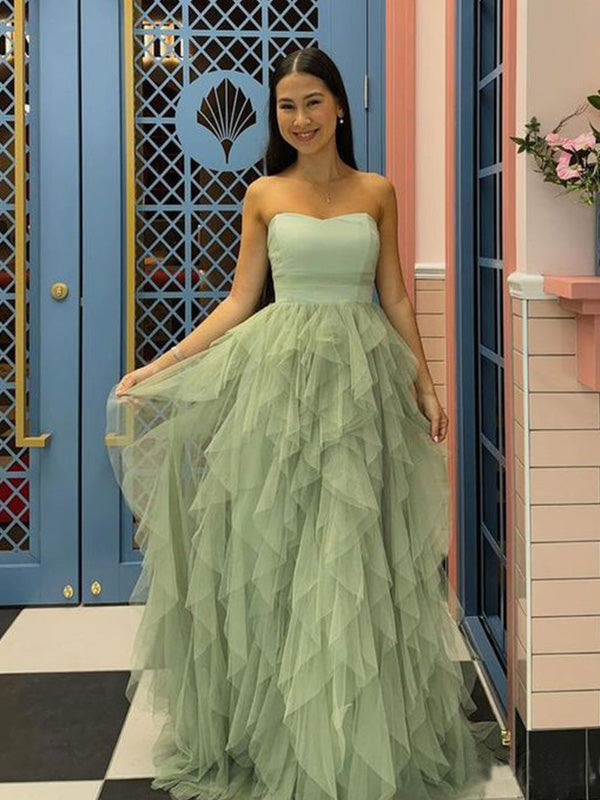 Cute Sweetheart Sleeveless A-line Tulle Long Prom Dresses For Party, PG686