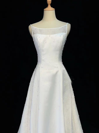 Elegant Bateau Sleeveless A-line Satin Long Prom Dresses With Trailing For Party, PG298