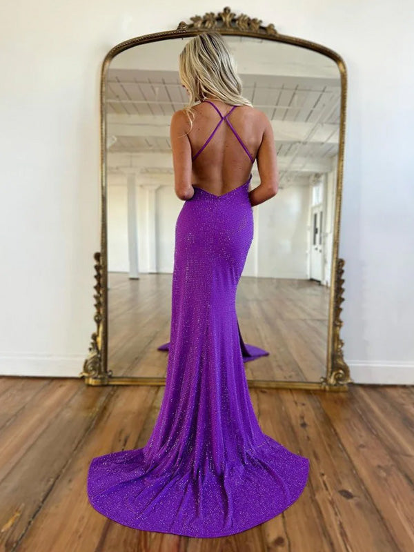 Sexy V-neck Sleeveless Mermaid Satin Long Prom Dresses With Trailing For Party, PG214