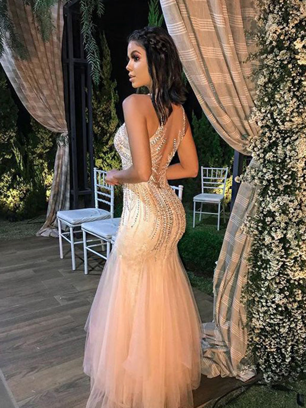 Sexy Spaghetti Strap V-neck Sleeveless Mermaid Tulle Long Prom Dresses For Party, PG342