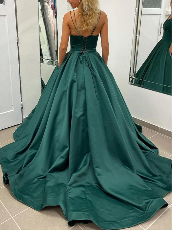 Formal V-neck Spaghetti Strap Sleeveless A-line Satin Long Prom Dresses With Trailing For Party, PG210