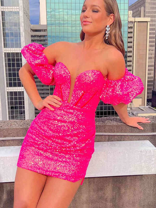 Shiny Off-shoulder Sleeveless Short Sequin Mermaid Homecoming Dresses For Party, PGH162