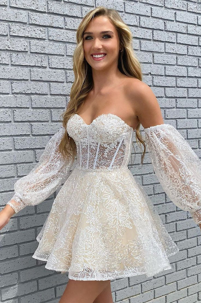 Elegant Off-shoulder Full Sleeve A-line Lace Short Homecoming Dresses For Party, PGH418