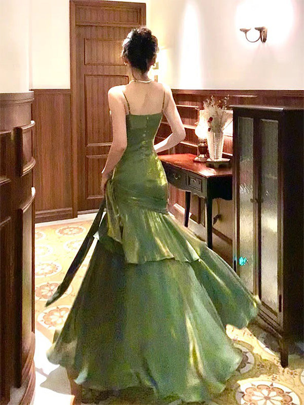 Elegant Spaghetti Strap Sleeveless Mermaid Satin Green Long Prom Dresses For Party, PG508