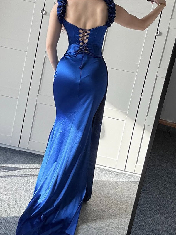 Sexy Off-shoulder Sleeveless Mermaid Satin Long Prom Dresses For Party, PG706