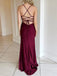 Sexy V-neck Sleeveless Satin Mermaid Long Prom Dresses With Side Slit For Party, PG242