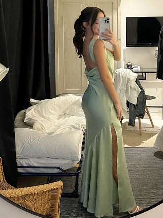 Soft Spaghetti Strap Sleeveless Mermaid Satin Long Prom Dresses For Party, PG1027