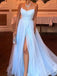 Gorgeous Spaghetti Strap Sleeveless A-line Tulle Long Prom Dresses With Slit For Party, PG410