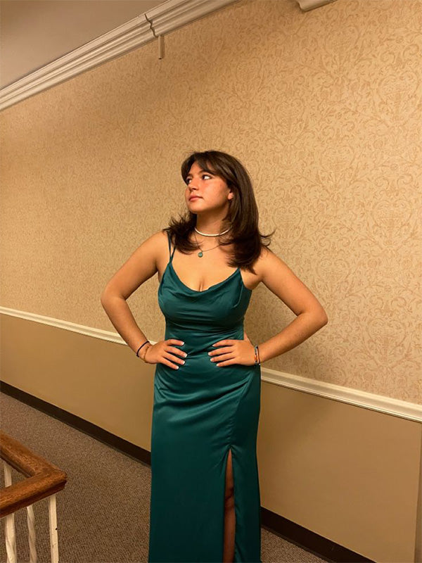Soft Spaghetti Strap Sleeveless Mermaid Satin Long Prom Dresses For Party, PG732