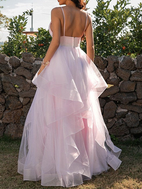 Unique Spaghetti Strap V-neck Sleeveless A-line Long Prom Dresses, PG70