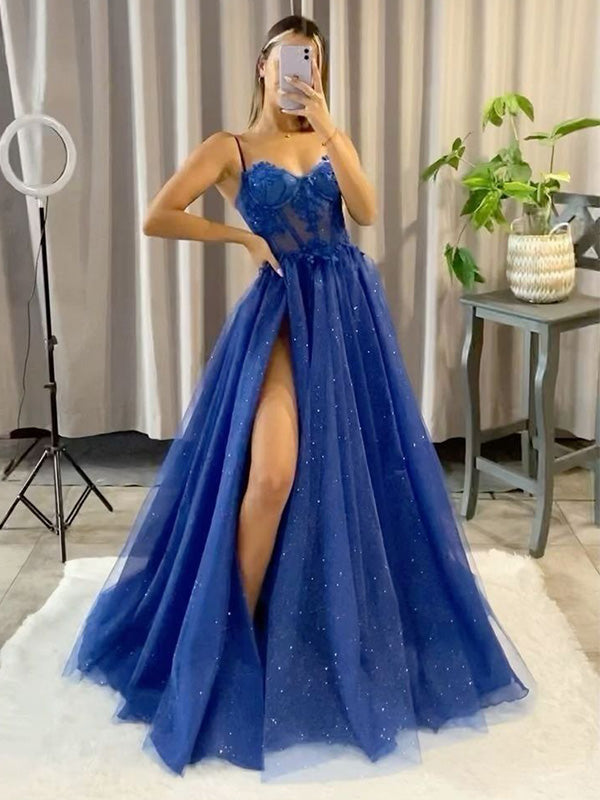 Elegant Spaghetti Strap Sleeveless A-line Tulle Long Prom Dresses With Slit For Party, PG430