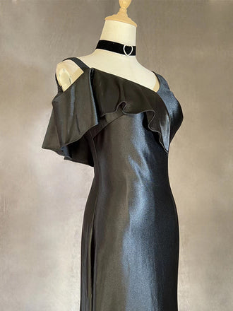 Sexy V-neck Sleeveless Mermaid Satin Long Prom Dresses With Trailing For Party, PG278