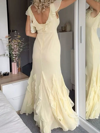 Sexy V-neck Sleeveless Mermaid Chiffon Long Prom Dresses For Party, PG782