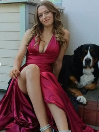 Sexy V-neck Sleeveless Mermaid Satin Long Prom Dresses For Party, PG746